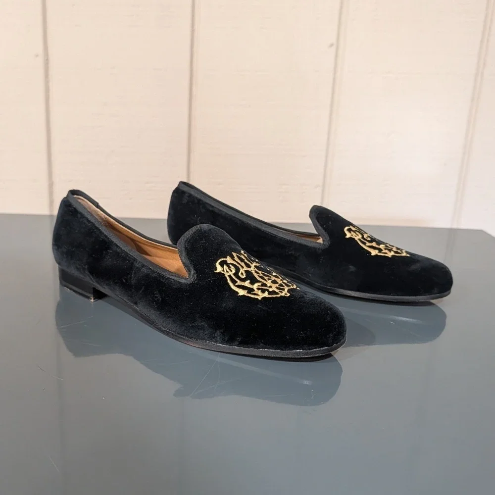 Stubbs & Wootton Black Velvet Embroidered Crest Smoking Flat Slippers 7.5 AA